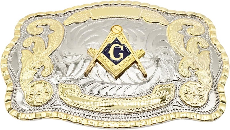 WMG Masonic Mason Symbol Logo Large Huge Rodeo Western Gold Tone Belt Buckle Fits Up to 2 Inch Belts - Image 1
